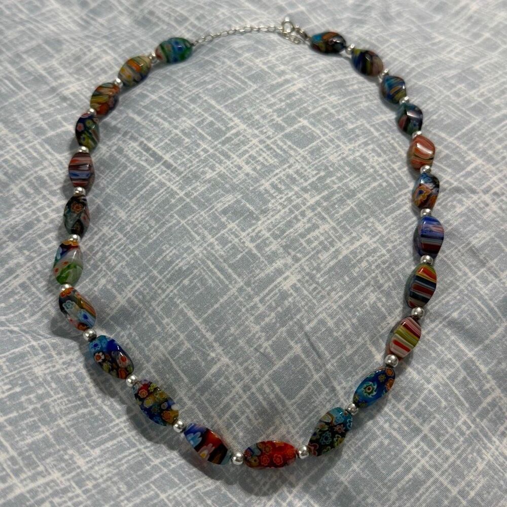 Vintage 925 Sterling Silver Italian Millefiori Art Glass Flower Bead Necklace 18